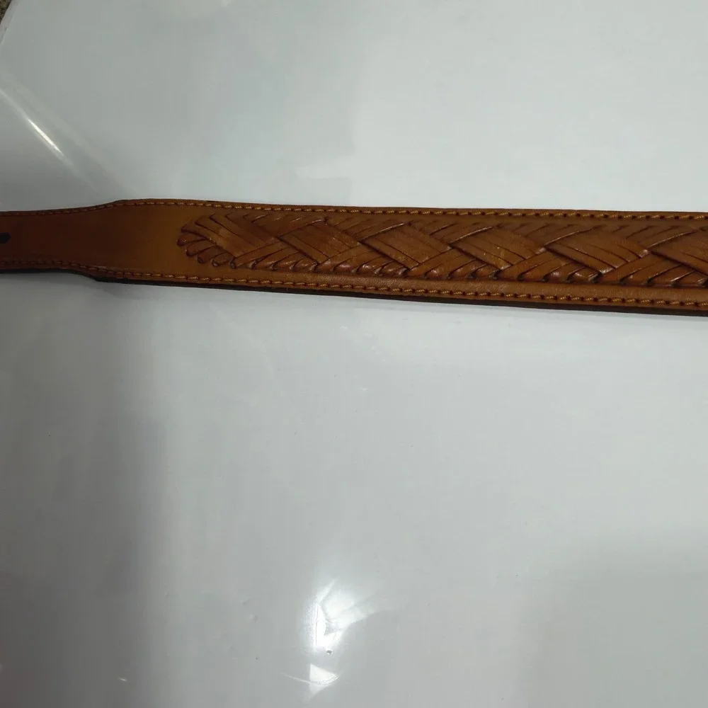 Brighton Vintage Brown Embossed Woven Leather Belt Brass Buckle 36.5